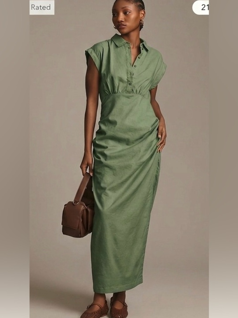 By Anthropologie Cap-Sleeve V-Neck Ruched Slim Midi Dress Medium Petite